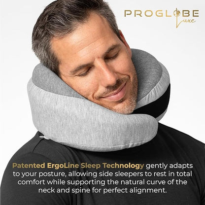 Proglobe Light Gray Memory Foam Travel Neck Pillow for Airplanes, Compact Plane Cushion for Long Flights with Soft Chin Support and Compression Bag, Comfortable Lightweight Air Travel Accessory
