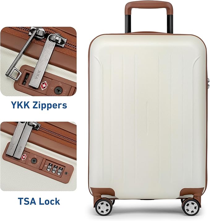 KYME Carry on luggage 22x14x9 Airline Approved Suitcase Hardshell With Double Spinner Wheels, PC+ABS TSA Lock Travel Luggage (Beige, 20" Carry On)