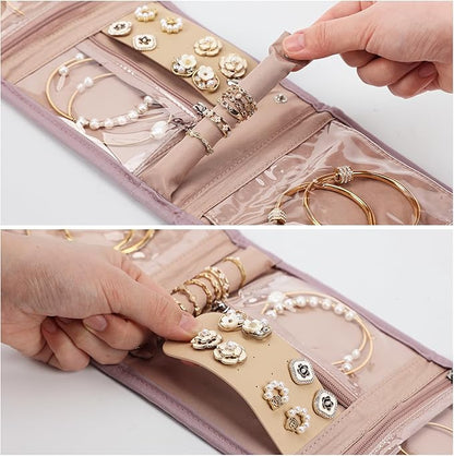 BELALIFE Travel Jewelry Case Organizer, Small Foldable Storage Roll for Earrings, Necklaces, Rings, Bracelets, Brooches, Peach-Pink