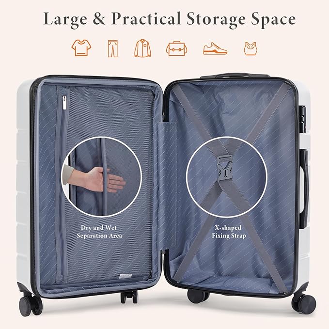 Sweetcrispy Carry on Luggage, Hard Shell ABS Suitcase with Double Spinner Wheels, Lightweight Expandable Rolling Suit Case with TSA Lock, 24 Inch Cream White