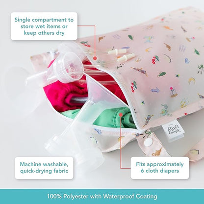 Bumkins Disney Waterproof Wet Bag for Baby, Travel, Swim Suit, Cloth Diapers, Pump Parts, Pool, Beach, Gym Clothes, Toiletry, Hook to Stroller, Daycare, Zip Reusable Wetdry Pack, Princess Magic Pink