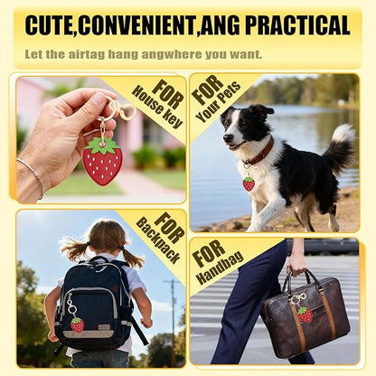 Leather Keychain for Airtag, Cute Protective Keychain Holder Compatible with Apple Air Tag,GPS Item Tracker Case Cover for Keys,Bags,Pets,Luggage(Strawberry)