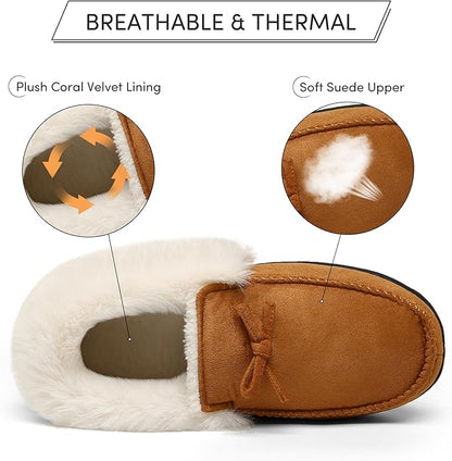 Mishansha Women's House Shoes Memory Foam Suede Moccasin Slippers Winter Warm Fleece Lined Home Shoes with Anti-Skid Rubber Sole
