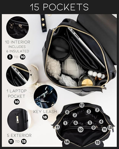 MIA + SOPHIA Leather Diaper Bag Backpack with USB Charging port, Changing Pad, Stroller Straps, and Bottle Holder (Black Olivia)