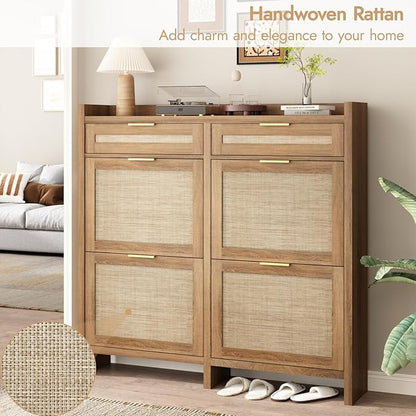 Large Rattan Shoe Storage Cabinet with 4 Flip Drawers & 2 Storages–Hidden Slim Shoe Organizer for Entryway, Large Tabletop Space, Farmhouse Boho Narrow Shoe Rack, Rustic Oak