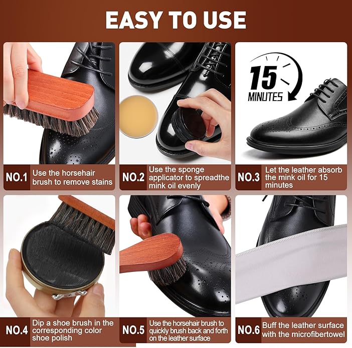 15pcs Shoe Shine Kit, Shoe Polish Kit, Leather Boot Care Kit, with Horsehair Brush&Wooden Applicator – Portable Travel Shoe Polish Kit for Brown/Black/Neutral Shoes