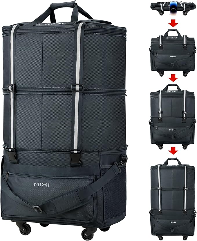 mixi Travel Bag with Wheels Expandable Foldable Luggage Bag Collapsible Rolling Travel Bag Duffel Bag Large Capacity Suitcase for Men Women, Dark Gray