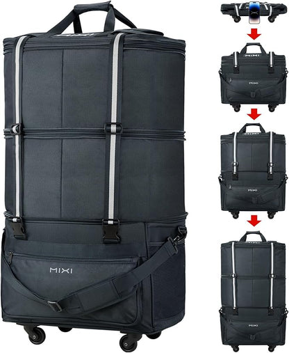 mixi Travel Bag with Wheels Expandable Foldable Luggage Bag Collapsible Rolling Travel Bag Duffel Bag Large Capacity Suitcase for Men Women, Dark Gray