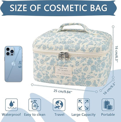 Large Makeup Bag, Cute Cosmetic Bag for Women Girls, Floral Coquette Aesthetic Toiletry Bag, Travel Make Up Organizer Bag ((White Butterfly Flower))