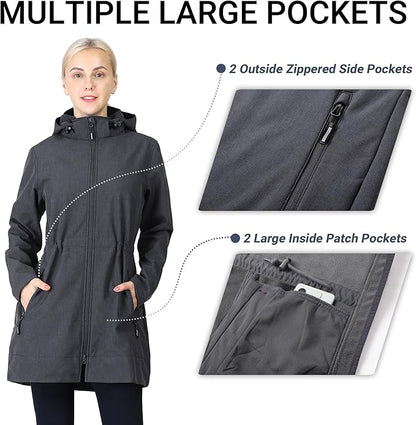 Outdoor Ventures Women's Softshell Jacket with Removable Hood Fleece Lined Windbreaker Insulated Long Warm Rain Jacket