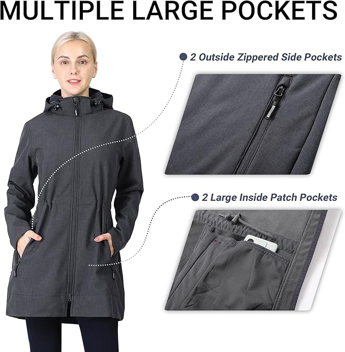 Outdoor Ventures Women's Softshell Jacket with Removable Hood Fleece Lined Windbreaker Insulated Long Warm Rain Jacket