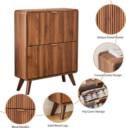 RARZOE Fluted Shoe Storage Cabinet with 2 Flip Drawers, Narrow Curved Shoe Cabinet for Entryway, Freestanding Wood Hidden Shoe Organizer Closed Shoe Rack Cabinet for Foyer, Hallway (27.5''Walnut)