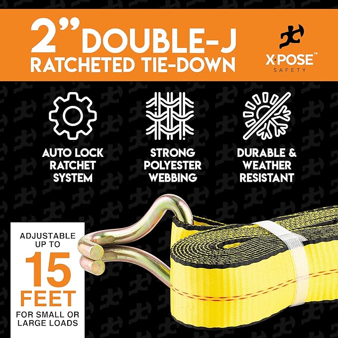 Ratchet Straps Heavy Duty 2" x 15' – 10,000 lbs Break Strength Tie Down Straps with Double J Hooks, Ratcheting Cargo Straps for Truck, Trailer, Kayak, Motorcycle & Moving – 4 Pack