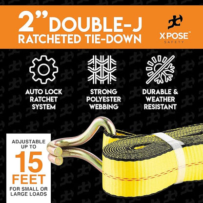 Ratchet Straps Heavy Duty 2" x 15' – 10,000 lbs Break Strength Tie Down Straps with Double J Hooks, Ratcheting Cargo Straps for Truck, Trailer, Kayak, Motorcycle & Moving – 4 Pack