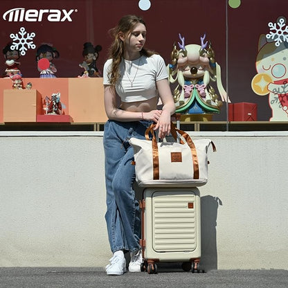 Merax Front Opening 20-Inch Carry-On Luggage with Expandable Travel Bag Set, ABS Hard Shell Two-piece Suitcase Set with USB Port, Cup Holder, ABS+Ivory