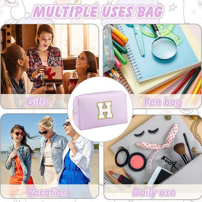 Gifts for Girls Initial Makeup Bag Personalized Cosmetic Bag with Zipper Cute Travel Toiletry Bag Waterproof PU Preppy Makeup Pouch Birthday Gift for Teen Girls Women(Purple H)