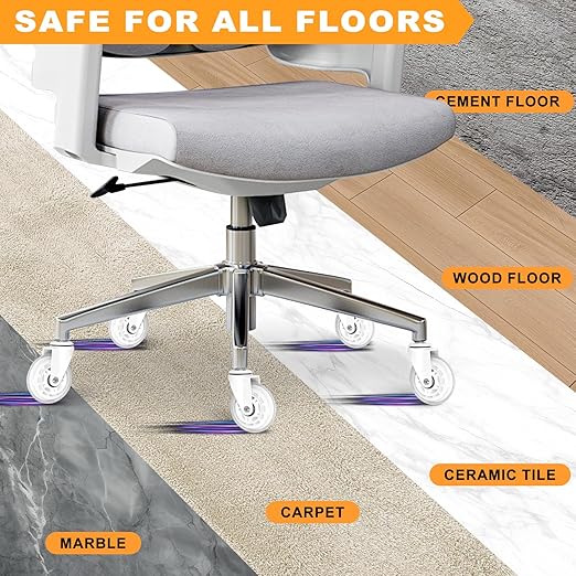 Office Chair Wheels for Casters Replacement - 3" Rubber Wheels for Computer Gaming Desk Caster Smooth & Safe Rolling for All Floors Including Hardwood and Carpet - Set of 5 - White