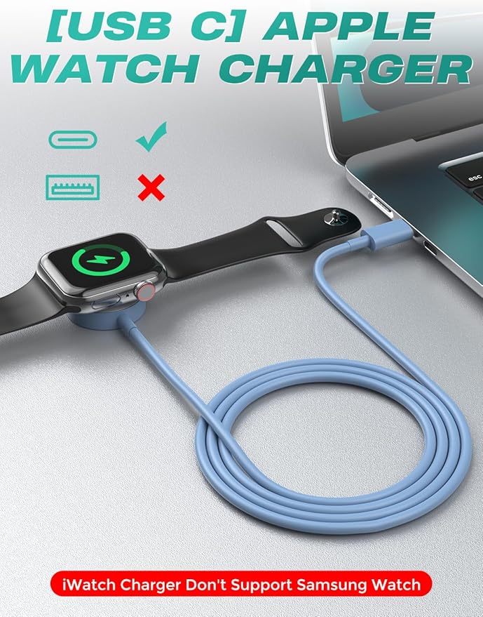 2Pack USB C for Watch Charger Magnetic Charger Wireless Portable Compatible with Watch Ultra2 Ultra Series 10/9/8/7/6/SE/SE2/5/4/3/2/1-[1m/Blue]