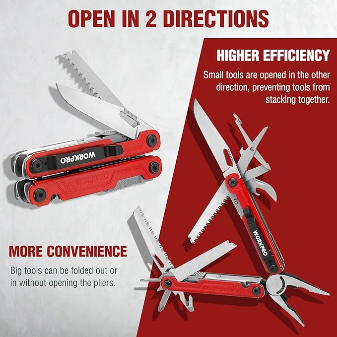 WORKPRO 18-in-1 Multi Tool Pliers, Gifts for Dad, Stainless Steel EDC Multitool with Pocket Knife, 2 Safety Locks, Belt Clip and Oxford Pouch, Multipurpose Utility Multiuse Tool for Outdoor Activities