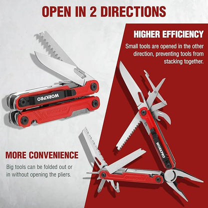 WORKPRO 18-in-1 Multi Tool Pliers, Gifts for Dad, Stainless Steel EDC Multitool with Pocket Knife, 2 Safety Locks, Belt Clip and Oxford Pouch, Multipurpose Utility Multiuse Tool for Outdoor Activities