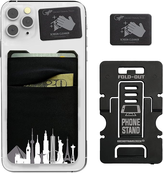 Gecko Travel Tech Double Pocket - Adhesive Card Holder - Cell Phone Pouch - Stick on Spandex Pocket - Carry Credit Cards and Cash (Cityscape)