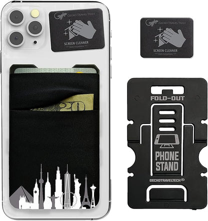 Gecko Travel Tech Double Pocket - Adhesive Card Holder - Cell Phone Pouch - Stick on Spandex Pocket - Carry Credit Cards and Cash (Cityscape)