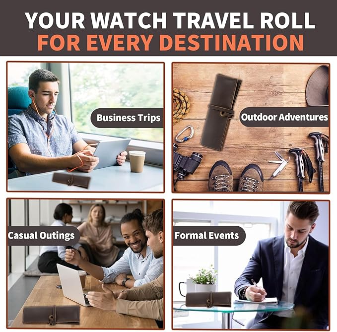 Leather Watch Roll Organizer with 4 Slots,Heavy Duty Waterpoof Watch Storage Box Pouch&Band Storage,Jewelry Roll,Easy Carry On Watchlover Storage,Handmade Ideal for Travel&Home Use,Watch Travel Case