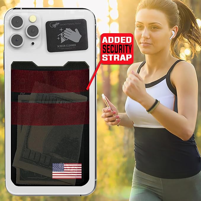 Double Pocket Adhesive Card Holder - Cell Phone Pouch - Stick on Spandex Pocket by Gecko - Carry Credit Cards and Cash - Phone Wallet – (USA FLAG)