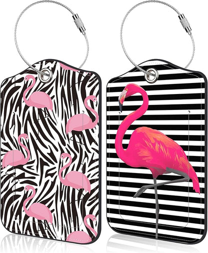 Set of 2 Luggage Tags for Suitcase Pink Flamingos Leather Baggage Tags Set with Stainless Steel Loop Name Address Labels Privacy Cover for Men Women Travel Bag Suitcase, 4.6 x 2.7 inch