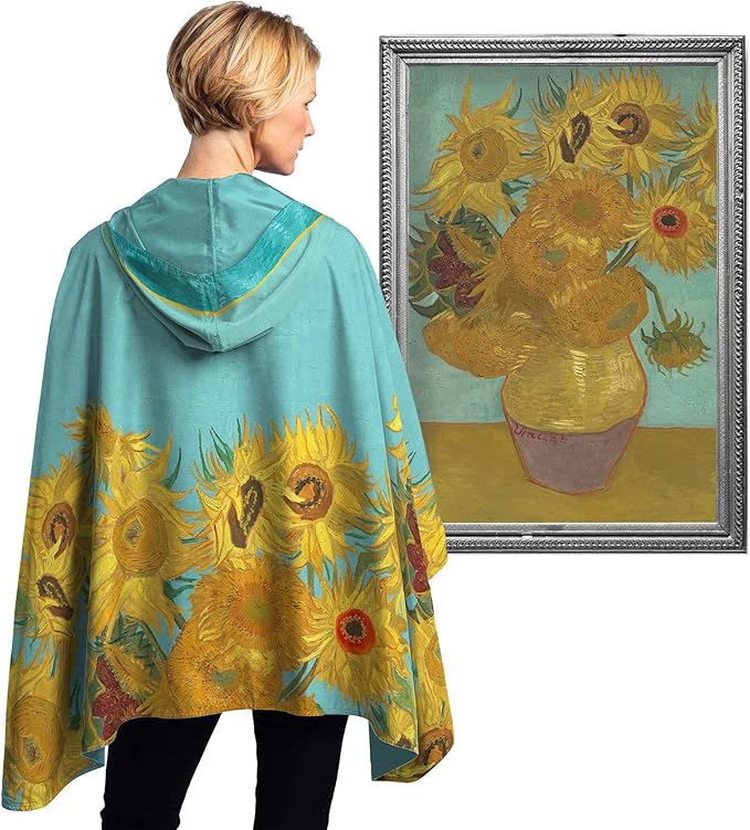 RainCaper van Gogh Sunflowers Womens Rain Cape Poncho with Hood Reversible