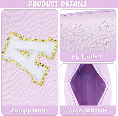 Gifts for Girls Initial Makeup Bag Personalized Cosmetic Bag with Zipper Cute Travel Toiletry Bag Waterproof PU Preppy Makeup Pouch Birthday Gift for Teen Girls Women(Purple A)