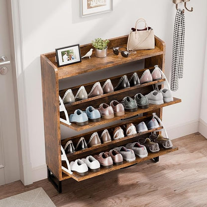 Betterhood Entryway Shoe Cabinet with 2 Flip Drawers, Slim Shoe Rack Cabinet, Freestanding Hidden Shoe Organizer Cabinet with Metal Legs, Shoe Cabniet for Entryway with Storage, Hallway, Foyer, Brown