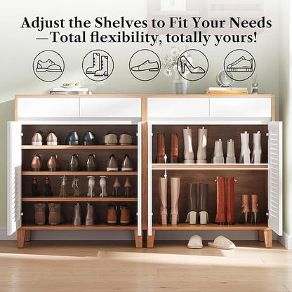 4-Tier Shoe Storage Cabinet with Drawer & Adjustable Shelves, Wooden Shoe Organizer Rack with Louvered Doors for Entryway, Hallway, Closet, Living Room(White/Brown)