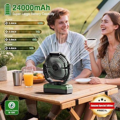 FRIZCOL 3-in-1 Camping Fan - Portable Fans Rechargeable - 24000mAh Battery Powered Fan(105Hrs) with Light & Remote for Indoor, Outdoor, Tent, Travel, Fishing, Jobsite, Gifts for Men Dad Him - Green
