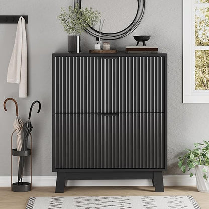 Shoe Cabinet with 2 Flip Drawers, 37" Tall Narrow Fluted Shoe Storage Organizer for Entryway, Hidden Slim Wooden Shoe Rack Cabinet for Front Door Entrance, Hallway, Living Room, Solid Black