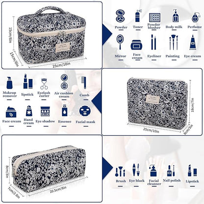 Makeup Bag Set, Quilted Makeup Bag, Large Floral Cosmetic Bag for Women, Cute Cotton Makeup Bags, Flower Travel Toiletry Organizer Bag (Black Rose Flower)