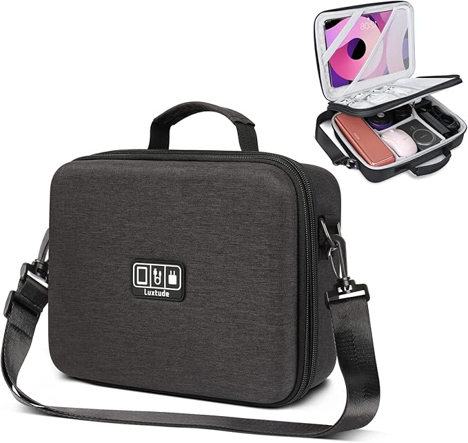 Luxtude Electronic Organizer Travel Case Large, Hard Case for Electronics, Sturdy Tech Organizers, Travel Cable Bag with Shoulder Strap, Hard Charger Organizers, Fits for iPad(Up to 11’’), Tech Gifts