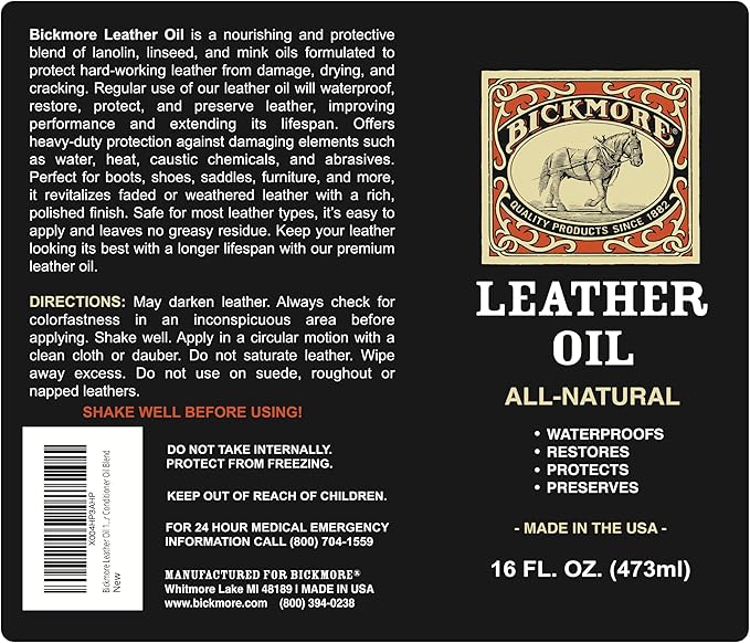 Bickmore Leather Oil Leather Conditioner 16oz | Waterproofs, Protects, and Restores Boots, Jackets, Auto, Furniture, and All Leather Goods | Made in The USA