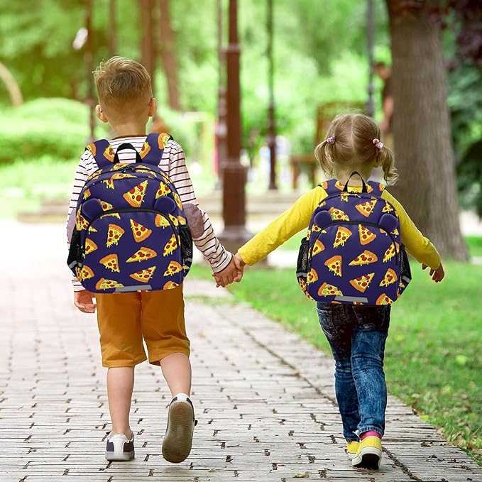 Pizza Toddler Backpack for Boys Girls,Cute Kindergarten Schoolbag with Ears,Preschool Backpack with Reflective Strip and Drawstring S