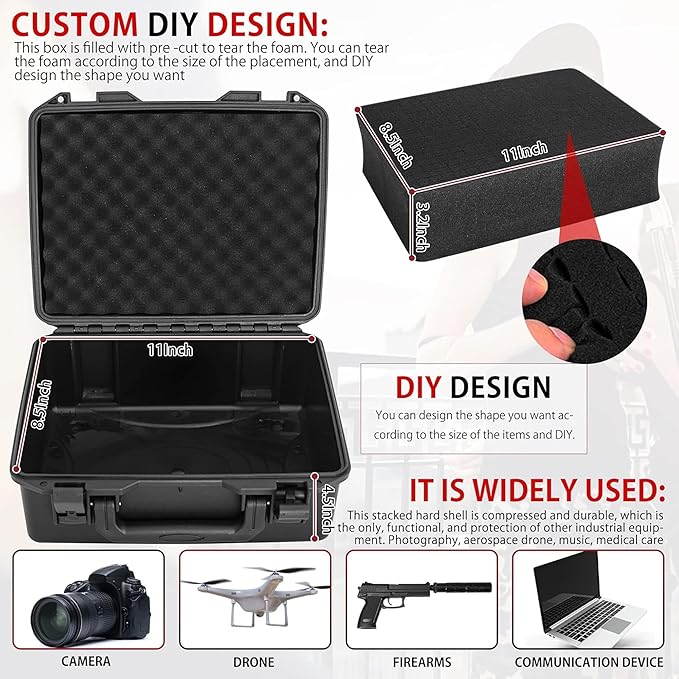 Hard Case with IP67 Waterproof Shockproof Tool Box for Microphone, Drones, Camera, Equipments, Portable Storage Case, 12.2 x 9.8 x 5.5 Inch