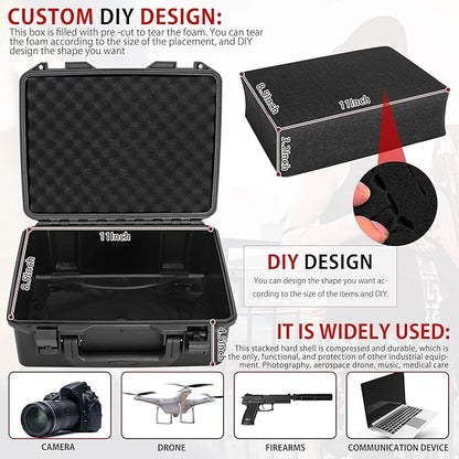 Hard Case with IP67 Waterproof Shockproof Tool Box for Microphone, Drones, Camera, Equipments, Portable Storage Case, 12.2 x 9.8 x 5.5 Inch