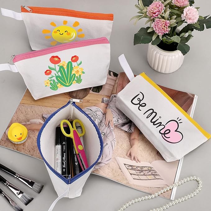 10 Pieces Cotton Canvas Makeup Bag with Bottom and Strap, Multi-Purpose Cosmetic Bag with Zipper Travel Toiletry Pouch, Blank DIY Craft Bag (Multicolor 01, S)
