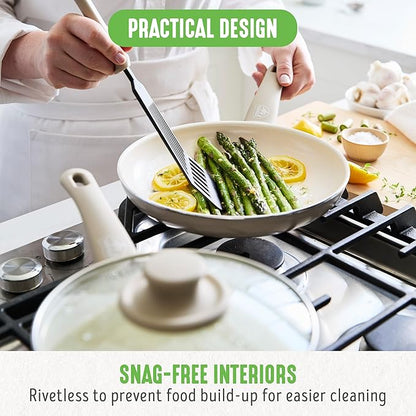 GreenLife 16 Piece Nonstick Cookware Set, Soft Grip Non-Toxic PFAS-Free Ceramic Pots & Pans, Dishwasher & Oven Safe, Frying, Sauce, Saute, Utensils, Glass Lids, Stay-Cool Handles, Wobble Free, Taupe