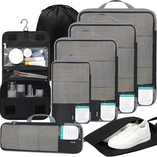 BAGAIL 4 Set/6 Set/8 Set Compression Packing Cubes Travel Accessories Expandable Packing Organizers (Half Mesh, 8-Jet Black)