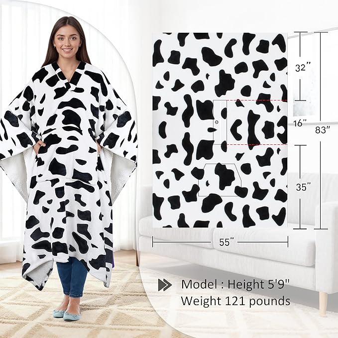 Catalonia Cow Print Sherpa Wearable Blanket Poncho for Adult Women Men, Wrap Blanket Cape with Pocket, Warm, Soft, Cozy, Snuggly, Comfort Gift