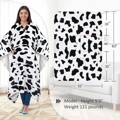 Catalonia Cow Print Sherpa Wearable Blanket Poncho for Adult Women Men, Wrap Blanket Cape with Pocket, Warm, Soft, Cozy, Snuggly, Comfort Gift