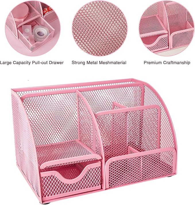 Desk Organizers and Accessories, Office Supplies 15PS Set with Stapler, Staple Remover, Pen Holder, Clips Set, Tape Dispenser, Tape, Phone Holder, 1000 Staples, Ruler, Scissors （Pink）