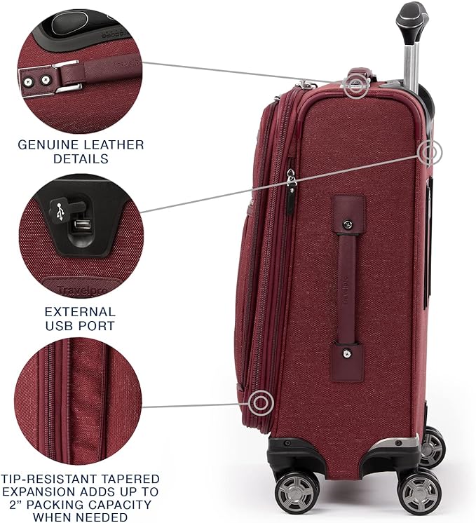 Travelpro Platinum Elite Softside Expandable Carry on Luggage, 8 Wheel Spinner Suitcase, USB Port, Suiter, Men and Women, Bordeaux Red, Carry On 21-Inch