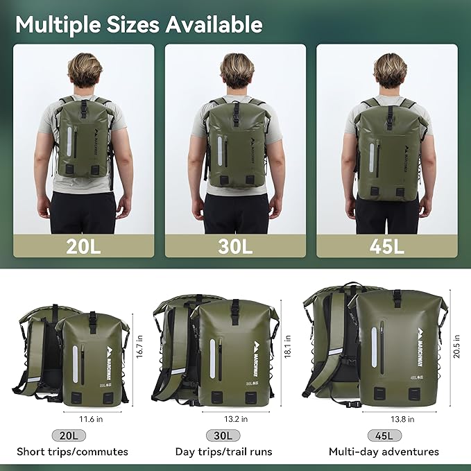 MARCHWAY Roll Top Waterproof Backpack, Floating Dry Bag 20L/30L/45L with Ergonomic Rectangular Base, Cushioned Back, Hip Strap for Hiking Camping Kayaking Travel (Army Green, 20L)