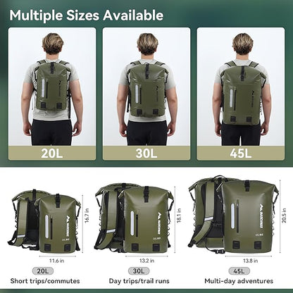 MARCHWAY Roll Top Waterproof Backpack, Floating Dry Bag 20L/30L/45L with Ergonomic Rectangular Base, Cushioned Back, Hip Strap for Hiking Camping Kayaking Travel (Army Green, 20L)
